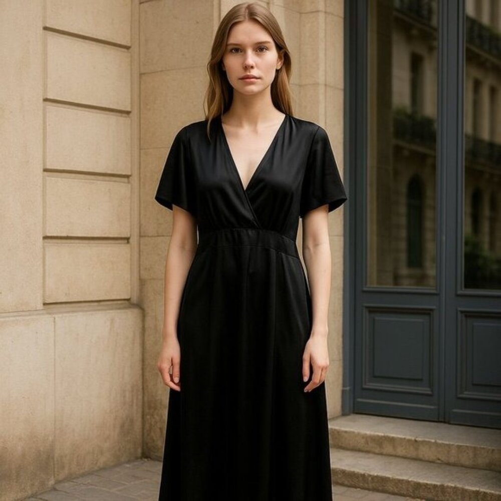 Chelsea 28 Black Wrap Midi Dress XXL Satin Short Sleeve Keyhole Back - Picture 2 of 10